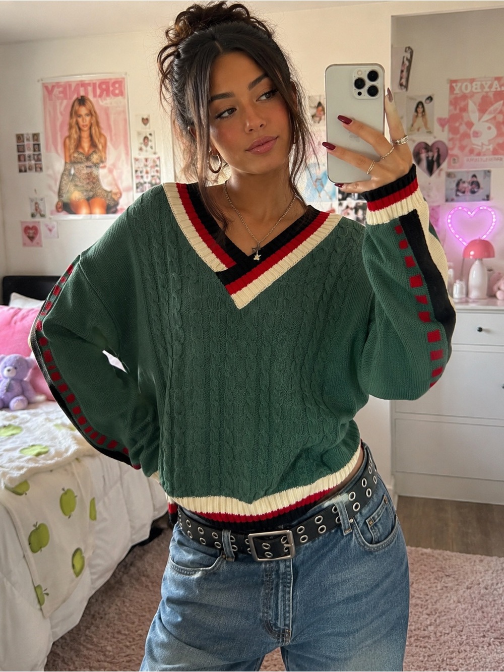 Forest Green V-Neck Cable Knit Sweater with Stripe Trim